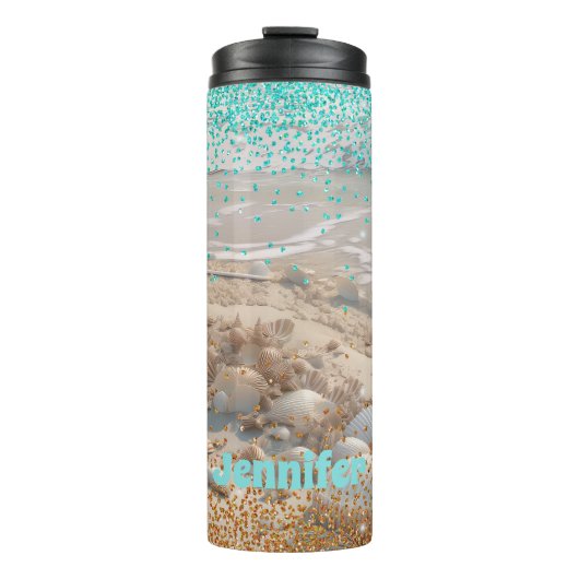Beach Aqua Gold Glitzer Thermosbecher (Vorderseite)