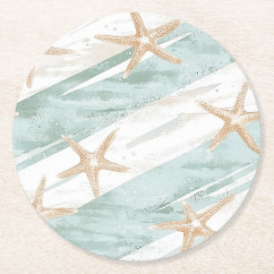Beach Aqua Mint Starfish Streifen Hochzeit Runder Pappuntersetzer