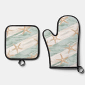 Beach Aqua Mint Starfish Streifen Ofenhandschuh & Topflappen-Set (Vorderseite)