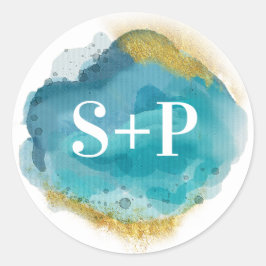 Beach Aqua und Gold Erstmalige Hochzeitsticker Runder Aufkleber