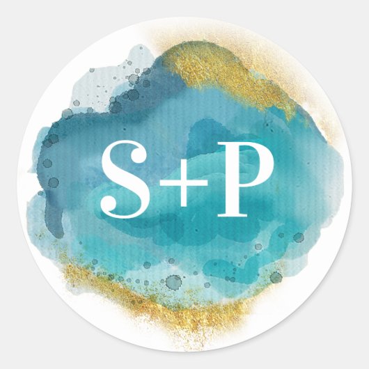 Beach Aqua und Gold Erstmalige Hochzeitsticker Runder Aufkleber (Vorderseite)