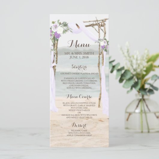 Beach Arbor Lavender Wedding Menu Card Menükarte (Stehend Vorderseite)