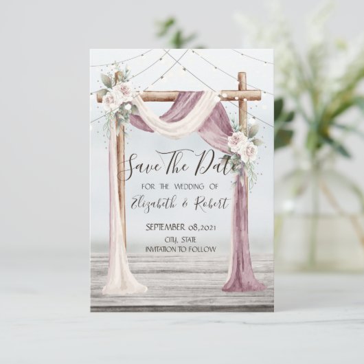 Beach Arbor String Lights Save the Date (Stehend Vorderseite)