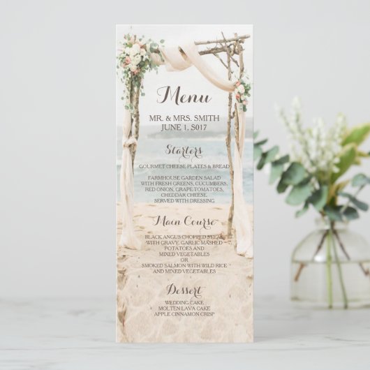 Beach Arbor Wedding Menu Card Menükarte (Stehend Vorderseite)
