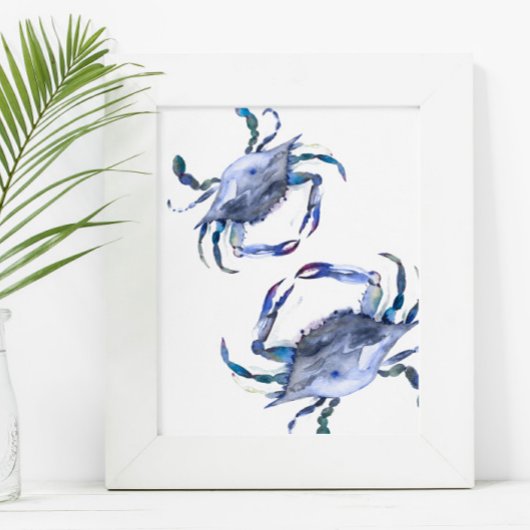 Beach Art Watercolor Coastal Blue Crab Poster