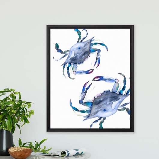 Beach Art Watercolor Coastal Blue Crab Poster