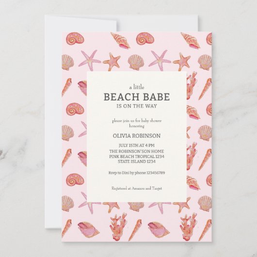 Beach Babe Coastal Seashell Summer Baby Dusche Einladung (Vorderseite)