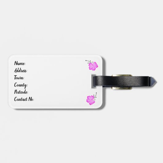 "Beach Babe", Hibiskus-Surfbrett-Design Gepäckanhänger (Rückseite horizontal)