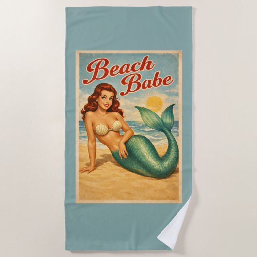 Beach Babe Pin-Up Mermaid -Retro Coastal Life Teal Strandtuch (Vorderseite)