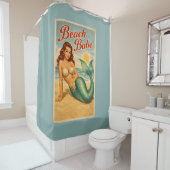 Beach Babe Pin-Up Mermaid -Retro Coastal Teal Blue Duschvorhang (Beispiel)