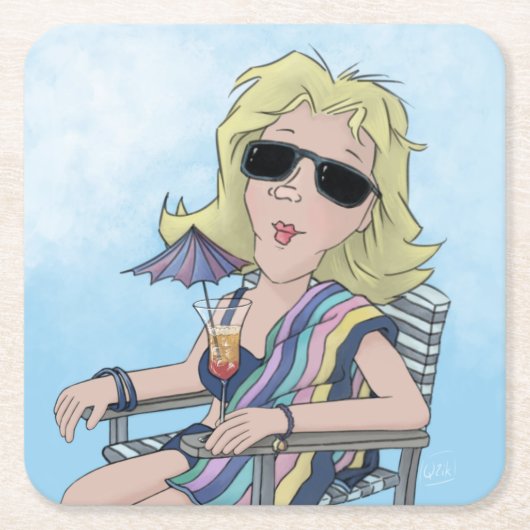 Beach Babe Square Paper Untersetzer (Vorderseite)