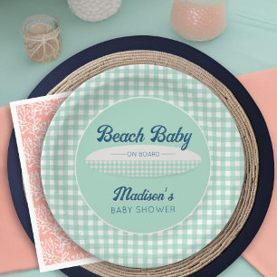 Beach Baby an Bord Navy Mint Gingham Baby Dusche Pappteller