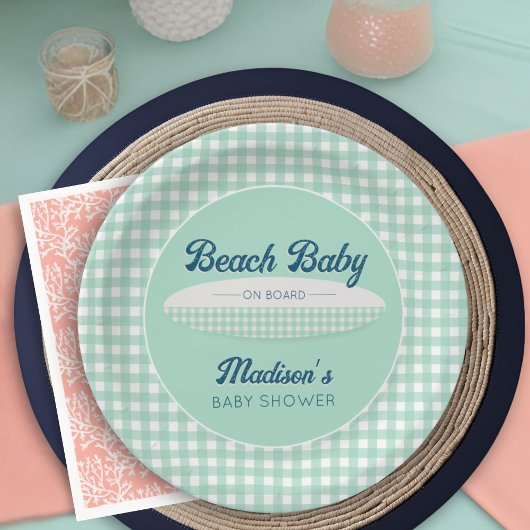 Beach Baby an Bord Navy Mint Gingham Baby Dusche Pappteller