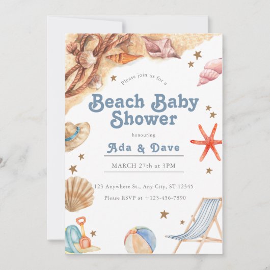 Beach Baby Baby Babydusche Einladung Wasserfarbe (Vorderseite)