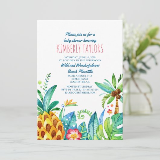 Beach Baby Dusche Tropische Ananas Palmen Einladung (Stehend Vorderseite)