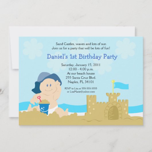 Beach Baby Sand Castle Boy Birthday Party 12x18 Einladung (Vorderseite)