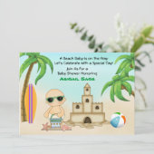 Beach Baby Sandcastle und Surfboard Babydusche Einladung (Stehend Vorderseite)
