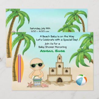 Beach Baby Sandcastle und Surfboard Babydusche Einladung