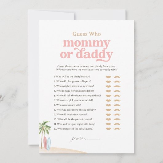 Beach Baby Shower rät, wer Mama oder Daddy Game is Einladung (Vorderseite)