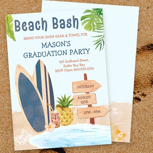 Beach Bash Graduation Party Surfboard Einladung