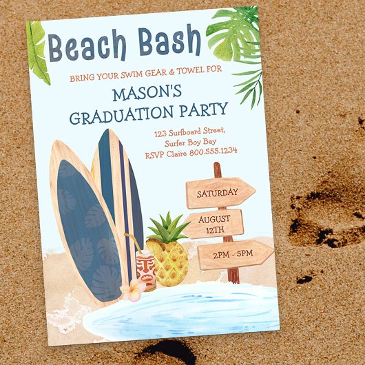 Beach Bash Graduation Party Surfboard Einladung