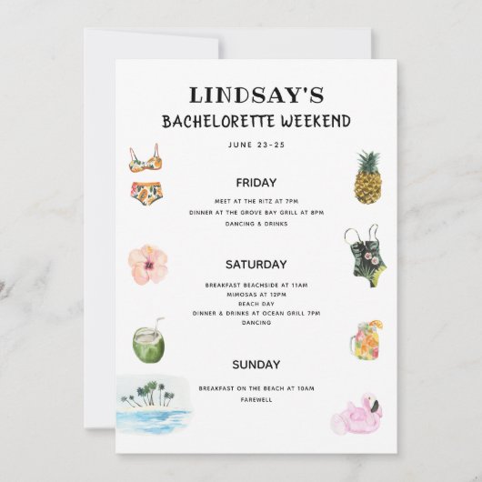 Beach Bikini Bachelorette Itinerary Einladung (Vorderseite)