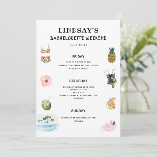 Beach Bikini Bachelorette Itinerary Einladung (Stehend Vorderseite)