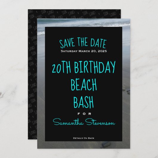 Beach Birthday Bash jedes Jahr jeder Name Einladun Save The Date (Vorne/Hinten)