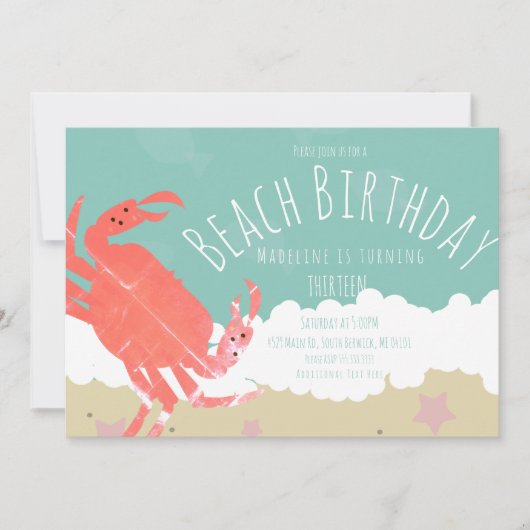 Beach Birthday Crab Sand Ocean Waves Einladung (Vorderseite)