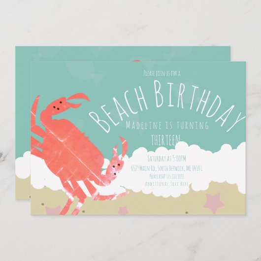 Beach Birthday Crab Sand Ocean Waves Einladung (Vorne/Hinten)