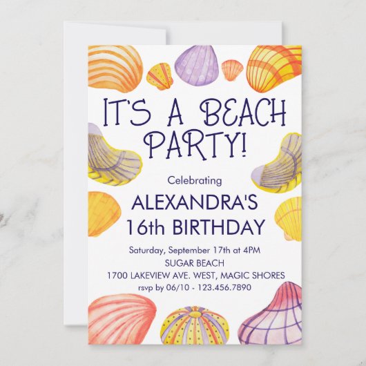 Beach Birthday Einladung mit Aquarellfarben-Musche (Vorderseite)