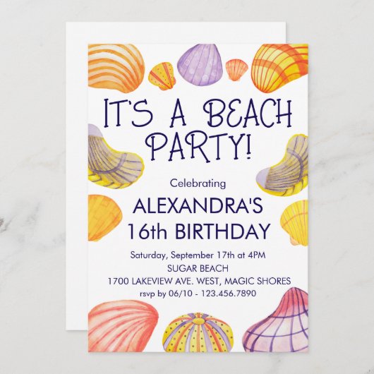 Beach Birthday Einladung mit Aquarellfarben-Musche (Vorne/Hinten)
