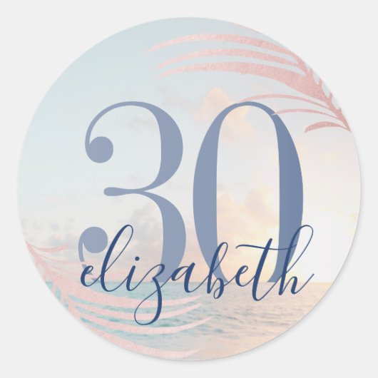 Beach Birthday Party Custom Age Name Fevor Runder Aufkleber (Vorderseite)