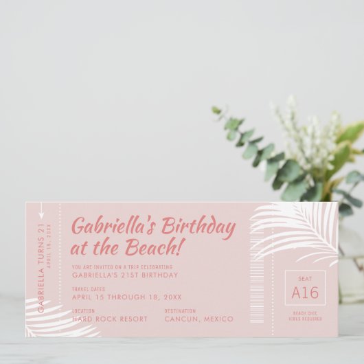 Beach Birthday Trip Ticket Boarding Pass Rosa Einladung (Stehend Vorderseite)