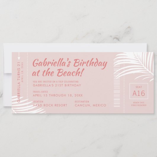 Beach Birthday Trip Ticket Boarding Pass Rosa Einladung (Vorderseite)
