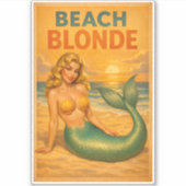 Beach Blonde Pin-Up Mermaid Retro Coastal Life Art Aufkleber (Vorderseite)