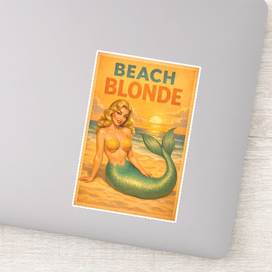 Beach Blonde Pin-Up Mermaid Retro Coastal Life Art Aufkleber (Detail)