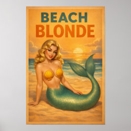 Beach Blonde Pin-Up Mermaid Retro Coastal Life Art Poster
