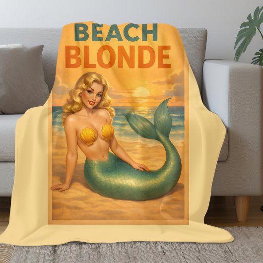 Beach Blonde Pin-Up Mermaid | Yellow Retro Coastal Fleecedecke