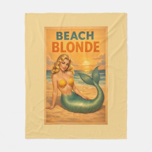 Beach Blonde Pin-Up Mermaid - Yellow Retro Coastal Fleecedecke (Vorderseite)