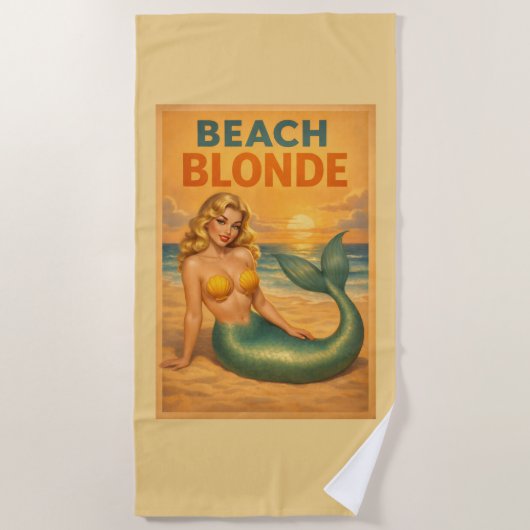 Beach Blonde Pin-Up Mermaid - Yellow Retro Coastal Strandtuch (Vorderseite)