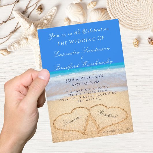 Beach Blue 2 Herz im Sand Wedding Einladung