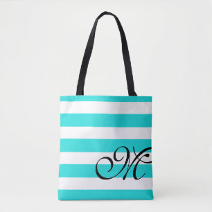 Beach Blue Aqua & White Streifen Monogram Totbeute Tasche