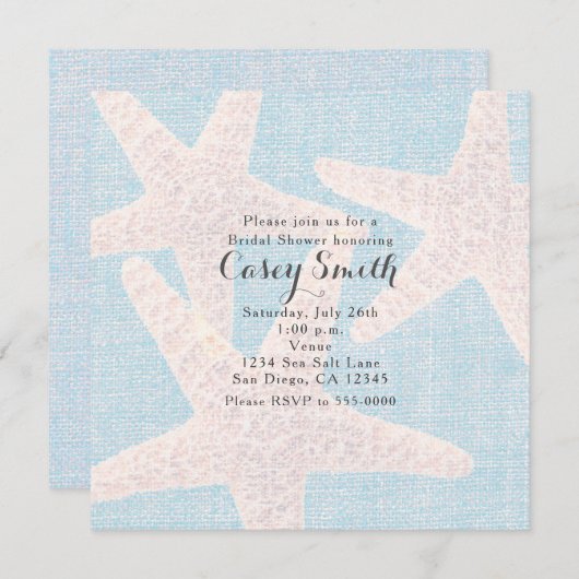 Beach Blue Burlap Starfish Elegante Wedding Bridal Einladung (Vorne/Hinten)