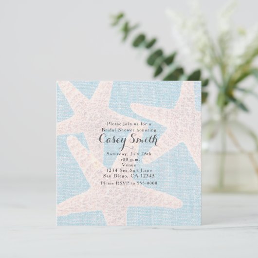 Beach Blue Burlap Starfish Elegante Wedding Bridal Einladung (Stehend Vorderseite)