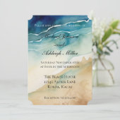Beach Blue Ocean Sand Wedding Einladung (Stehend Vorderseite)