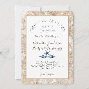 Beach Blue Seashell Watercolor Gold Sand Wedding Einladung