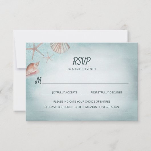 Beach Blue Seashells Meal Choice Wedding RSVP Karte (Vorderseite)