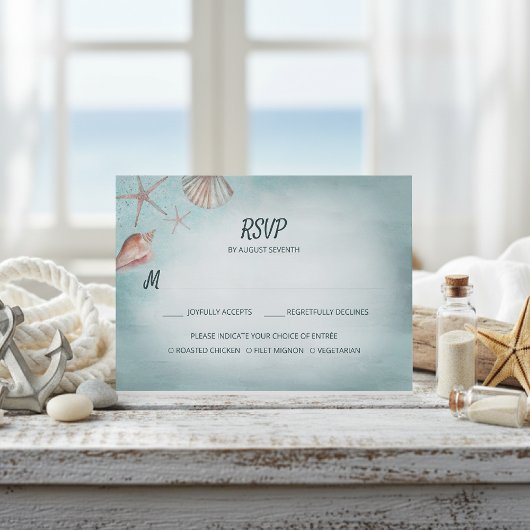 Beach Blue Seashells Meal Choice Wedding RSVP Karte