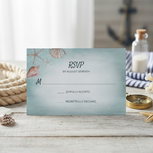 Beach Blue Seashells Watercolor Wedding RSVP Karte